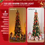 6 FT Fully Decorated Pre-lit Christmas Tree, Pop Up Artificial Xmas Tree with 150 Warm Lights Battery Operated and Red & Golden Ornaments for Home Office Store Holiday Deco - Image 5