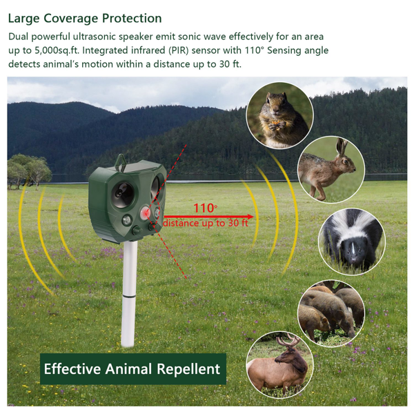 Upgraded Ultrasonic Animal Repeller, Solar Powered Pest Deterrent with PIR Motion Sensor, LED Flashing Light, IPX6 Waterproof, Dual Speakers 5000 Sq.ft Coverage, Repel Cat Dog Squirrel Raccoon Deer for Yard Garden