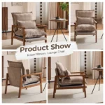 Cloud Shaped Indoor Leisure Chair with Solid Wood Armrest, Metal Frame, Chenille Fabric Accent Chair with Lumbar Pillow, Single Sofa Chair Khaki - Image 3