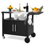Outdoor Grill Cart with Storage, Rolling Bar Cart Movable Kitchen Island for BBQ, Patio Dining Cart Table for Food Prep with Wheels Hooks Foldable Top - Image 21