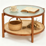 Walnut Boho 2‑Tier Round Coffee Table, PE Rattan Accent Side Table with Tempered Glass Top, Solid Acacia Wood Center Table with Storage Shelf for Living Room Apartment Balcony - Image 7