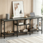 Industrial 3-Tier TV Stand for 65 Inch TV, Heavy Duty Metal Frame Entertainment Center with Anti-Tip Design & Storage Hooks for Living Room - Oak - Image 9
