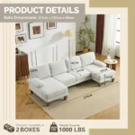 U-Shaped Convertible Sectional Sofa with 2 Chaise Lounges, 4-Seater Modular Couch with Removable & Washable Chenille Covers, 111.4" L x 48.4" D x 33.1" H L-Shaped Couches for Living Room Apartment, Wood Grain Legs, Off White - Image 3