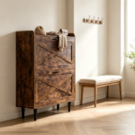 2-Drawer Top-Mounted Barn Door Shoe Cabinet Melamine Board Embossed MDF Shoe Cabinet 31.61*9.45*39.37in Rotten Wood Color - Image 9