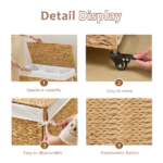 160L 3-Section Laundry Hamper with Lid and Wheels, Woven Natural Water Hyacinth Rolling Laundry Hamper - Image 4