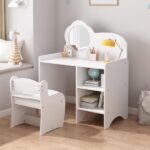 Kids Vanity Table with Mirror and Chair, Wooden Children's Dressing Makeup Desk with Storage Shelves, Study and Activity Table for Girls and Boys, Playroom Bedroom Furniture - White - Image 5