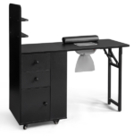 Black MDF Folding Nail Desk with 2 Drawers, Cabinet Door & Storage Shelf