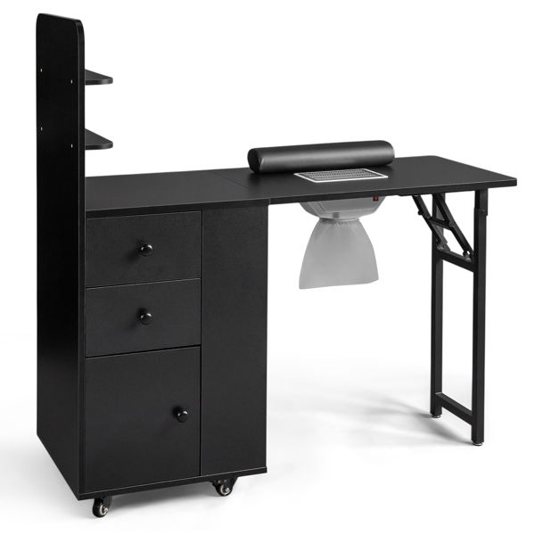 Black MDF Folding Nail Desk with 2 Drawers, Cabinet Door & Storage Shelf