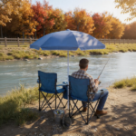 Portable Double Folding Beach Chair Set with Umbrella, 2-Person Outdoor Camping Chair with Cup Holders, Foldable Patio Chair for Picnic, Backyard, Travel, Blue - Image 3