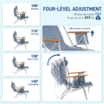 4-Position Adjustable Backpack Beach Chair, Foldable Rustproof Aluminum Frame Lounge Chair with Wooden Armrest, Side Storage Pockets & Detachable Pillow, 24"×22"×37" Outdoor Patio Camping Lawn Chair Holds up to 265 LBS, Blue White Vertical Stripe - Image 6