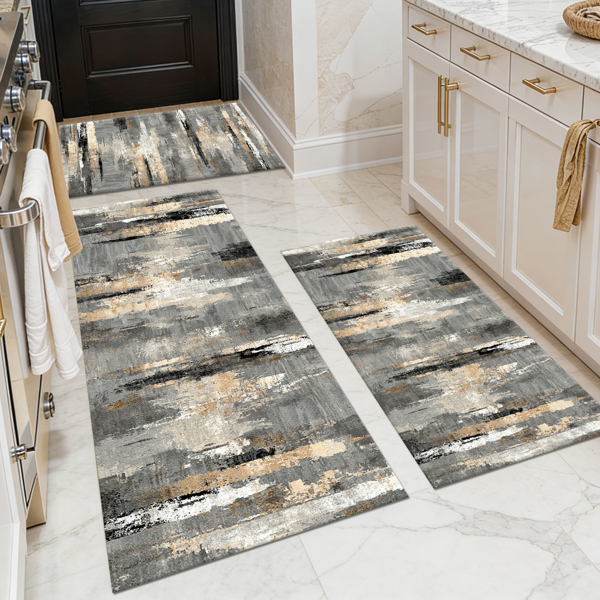 Three-piece kitchen rug set, non-slip and washable, abstract pattern kitchen hallway rug, soft and comfortable, suitable for sinks, floors, entrances, hallways and bathrooms.
