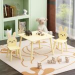 Kids Table and Chair Set with 2 Bunny Chairs, Children's Wooden Activity Table for Toddlers, Cute Animal Design Study Play Set for Playroom, Bedroom, Classroom - Cream Yellow - Image 2