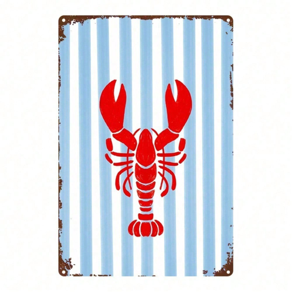 CIFbuy 1pc Vintage Red Lobster Metal Sign 8x12in, Nautical Retro Distressed Wall Art With Blue Striped Background For Home Cafe Bar Gar TikTok, TikTok, Wall Self-pickup Logiopics