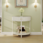 Artisan-Crafted Wave-Pattern Demi-Lune Console Table with Creamy White Finish,Unique Half Moon Design End Table with 2 Storage Drawers and Bottom Shelf for Living room, Bedroom, Study, Hallway - Image 17