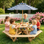 6-Seat Hexagonal Kids Picnic Table with Umbrella, Solid Fir Wood Outdoor Table & Bench Set for Backyard Garden, Age 3–8 - Image 9