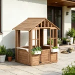 Kids Wooden Outdoor Playhouse, Garden Cottage with Flower Pot Holder & Working - Image 6