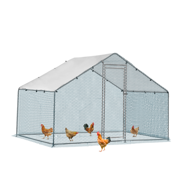 2*2*2m/6.5x6.5x6.5ft Silver Chicken Coop with Pointed Roof, 180g PE Rain Cloth, Metal Chicken and Rabbit Cage
