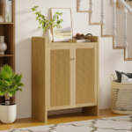 42.5" Tall Rattan Shoe Cabinet with Doors, 6-Tier Wooden Freestanding Shoe Storage Organizer with Adjustable Shelves, Mid-Century Entryway Shoe Cabinet for Hallway & Living Room - Image 15