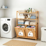 Natural Bamboo Tilt Out Laundry Hamper Cabinet with 2 Removable 7 Gallon Fabric Baskets, Open Storage Shelves Ventilated Slatted Design Anti-Tip Laundry Sorter for Bathroom Bedroom Laundry Room - Image 6