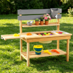 Natural Fir Wood Children Mud Kitchen Toy, Interactive Outdoor Sensory Play Station with Storage Shelves, Safe Rounded‑Edge Play Kitchen for Backyard Garden - Image 3