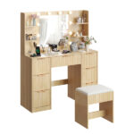Oak-colored particleboard with a 7-drawer, 4-shelf dressing table set with 10 three-tone light bulbs, power strip, and grille. - Image 3