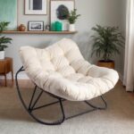 Oversized Rattan Papasan Chair, Outdoor Steel Wicker Rocking Seating with Thick Padded Cushion for Patio, Living Room, Backyard, Porch(Brown Wicker & Beige Cushion) - Image 11