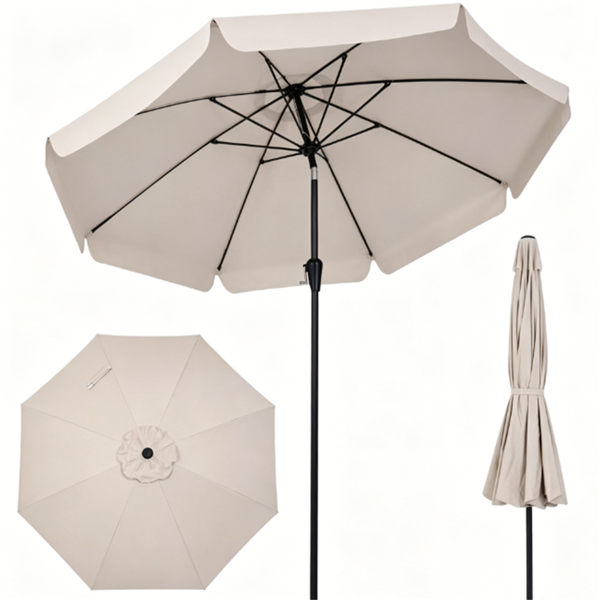 31566900_1 Beige 10ft Scalloped Patio Umbrella with Push‑Button Tilt, Vented Outdoor Market Parasol with Crank Lift, Fiberglass Ribs Sun Shade for Backyard Deck Poolside - Image 1