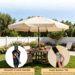 Beige 10ft Scalloped Patio Umbrella with Push‑Button Tilt, Vented Outdoor Market Parasol with Crank Lift, Fiberglass Ribs Sun Shade for Backyard Deck Poolside - Image 5