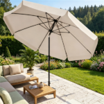Beige 10ft Scalloped Patio Umbrella with Push‑Button Tilt, Vented Outdoor Market Parasol with Crank Lift, Fiberglass Ribs Sun Shade for Backyard Deck Poolside - Image 8