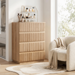 Handleless Grille-Finished 4-Drawer Bedside Table P2 Particleboard + MDF & Melamine Veneer + Thermoformed Drawer Dresser 23.62*14.96*30.71in Oak - Image 15