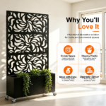 70.87" H × 46.06" W Leaf Pattern Privacy Screen with Planter Box, Black Metal Freestanding Decorative Fence Planter for Patio Balcony Backyard - Image 3
