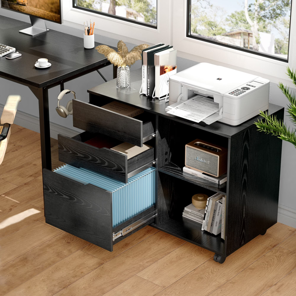 31df3823-8a1a-4a45-89e5-7c8c60e33f6b.png 3-Drawer File Cabinet with Wheels, Rolling Wood Printer Stand with Open Storage Shelves for Home Office, Black - Image 1