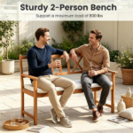 2 Person Acacia Wood Outdoor Loveseat Bench with Removable White Sponge Cushion, Heavy Duty Patio Garden Bench X-Shaped Backrest Armchair Slatted Seat for Backyard Porch Natural Wood Finish - Image 8