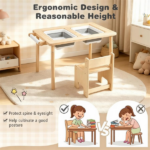 6-in-1 Kids Adjustable Height Sensory Activity Table with Chair, Natural Pine Wood Water Sand Play Table Building Block Art Craft Center for Toddlers 3+ Years Old - Image 9