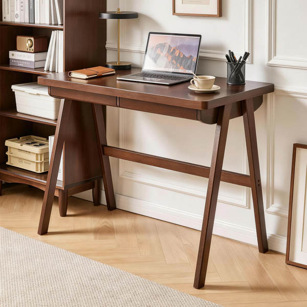 100% Solid Rubber Wood Computer Desk, Retro Walnut Writing Desk with Drawer, Sturdy A-Frame Leg, 39.37"×21.65", 0.71" Standard Thick Home Office Study Table