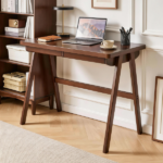 100% Solid Rubber Wood Computer Desk, Retro Walnut Writing Desk with Drawer, Sturdy A-Frame Leg, 39.37"×21.65", 0.71" Standard Thick Home Office Study Table - Image 2