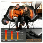 Black Dual Person Heated Folding Camping Chair 4 Heating Zones 3 Temperature Levels, Heavy Duty 660 LBS Double Outdoor Loveseat with Cup Holders Storage Pockets & Carry Bag for Picnic Beach Sports - Image 8