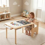 6-in-1 Kids Adjustable Height Sensory Activity Table with Chair, Natural Pine Wood Water Sand Play Table Building Block Art Craft Center for Toddlers 3+ Years Old - Image 4