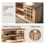 57.87 Inch TV Stand with Deep Brown Top & Natural Wood Cabinet - Double Glass Door Media Console, Laminate Particle Board Entertainment Center for TVs Up to 65 Inches - Image 4