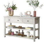 Console Table with Wood Frame and Legs, Sofa Table Entryway Table with 3 Drawers and 2 Open Shelves Antique White - Image 2