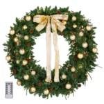 48in Pre-lit Christmas Wreath, Lighted Artificial Xmas Wreath with 150 Warm White Lights and 450 PVC Tips and DIY Ornaments, for Front Door Gate Wall Xmas Party Decorations, Light Green & Golden
