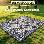 8' x 10' Waterproof Reversible Outdoor Rug: Blue White Rhombus Border Plastic Straw Rug with Carry Bag - Image 5