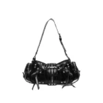 Retro motorcycle style cylindrical crossbody bag, shiny leather multi zipper rivet handbag, millennium Gothic street style daily party mini shoulder bag