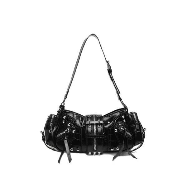 Retro motorcycle style cylindrical crossbody bag, shiny leather multi zipper rivet handbag, millennium Gothic street style daily party mini shoulder bag