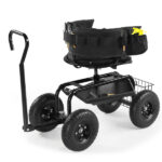 Rolling Garden Cart with Cushioned Backrest & Seat, Outdoor Gardening Stool for Planting, Garden Scooter with 360 Degree Swivel Seat & Steering Handle & Tool Tray, Black - Image 4