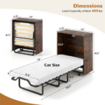 Rustic Brown Mobile Murphy Bed Cabinet 86.5" x 34" x 41.5" with Lockable Wheels, Space Saving Foldable Guest Bed with 4 Inch Foam Mattress - Image 3