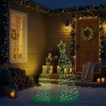 Set of 2 Lighted Metal Christmas Tree Yard Decorations, Pre-lit Holiday Decor with 150 Green and Warm White LED Lights for Xmas Outdoor Indoor Decor Lighted Holiday Displays - Image 5