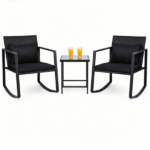 3-Piece Outdoor Wicker Rocking Chair Set, Patio Conversation Furniture with Tempered Glass Side Table & Washable Cushions for Garden Backyard Poolside - Black - Image 2