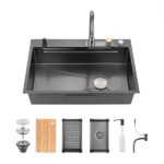 Waterfall Kitchen Sink, Stainless Steel Single Bowl in Black, Multifunctional Workstation with Flying-rain Faucet and Cutting Board, 33x22″ Stainless Steel Single Bowl Sink[Unable ship on weekends, TK/TEMU only for pickup, only TX10643 warehouse supports GOFO]