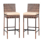 Set of 2 Patio Wicker Barstools, Outdoor Bar Height Chairs with Seat Cushions & Footrests for Patio Porch Backyard Living Room Balcony, Brown Gradient Rattan & Beige Cushion - Image 25